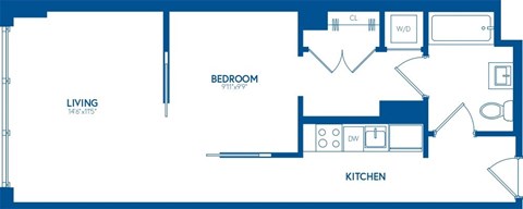 Floor plan for 1 bed, 1 bath, 601 sqft